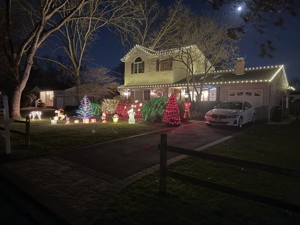 Roofline lights with a decorated front yard